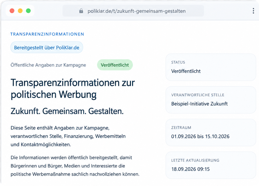 Beispielhafte öffentliche Transparenzseite von PoliKlar